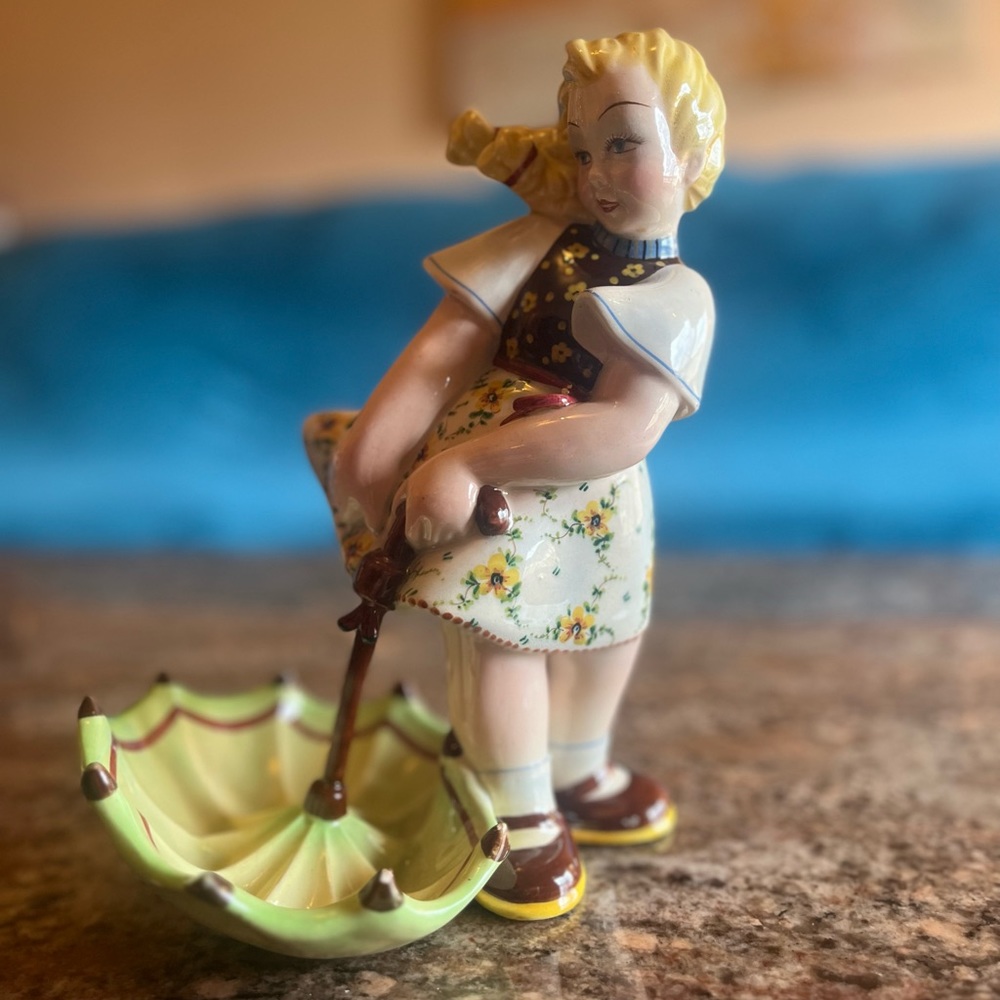 Vintage Antique Ceramic Italian Girl w Parasol in the Wind Ultra Rare 9” Inches